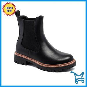Women's Chelsea Ankle Boots with Lug Sole, Waterproof Faux Leather